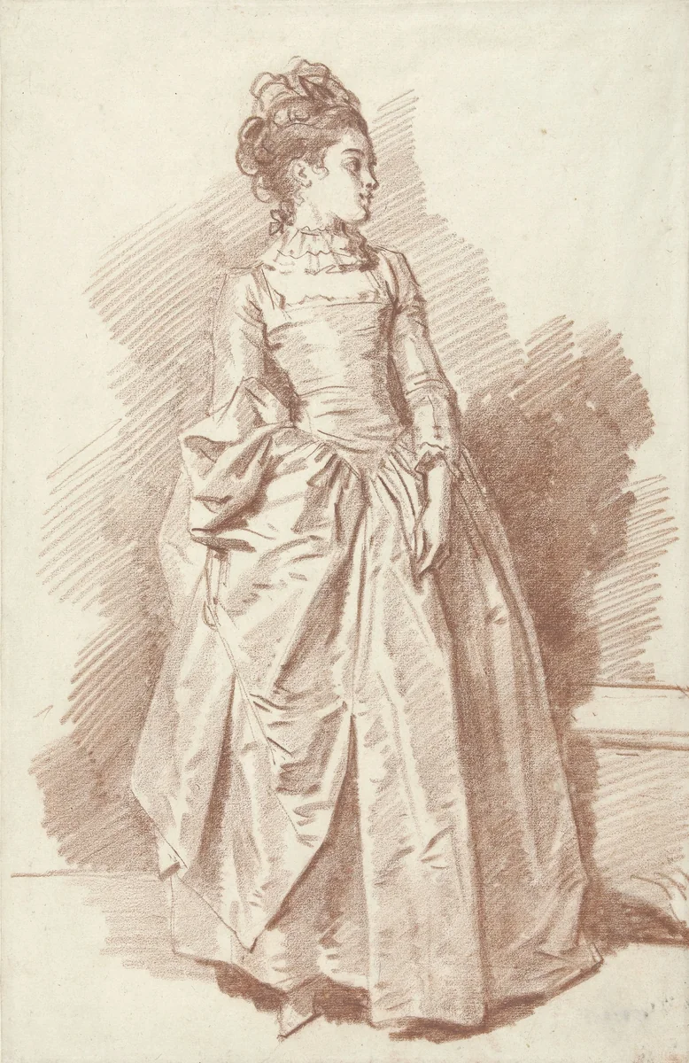Staande jonge vrouw, met het gezicht en profil naar rechts by Jean Honoré Fragonard, drawing, 1775-1780