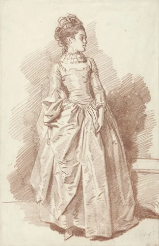 Staande jonge vrouw, met het gezicht en profil naar rechts by Jean Honoré Fragonard, drawing, 1775-1780