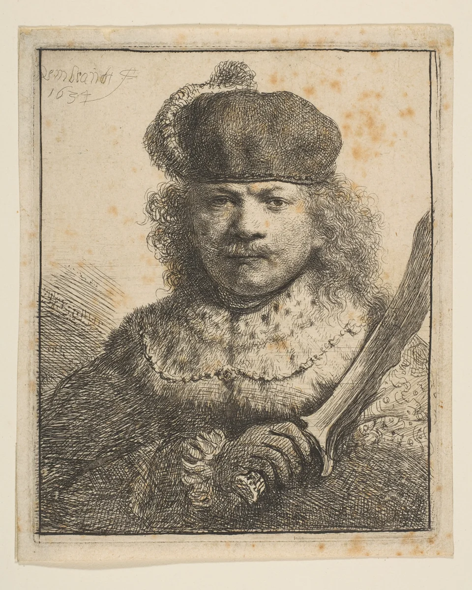 Rembrandt with Raised Sabre by Rembrandt van Rijn, print, 1634