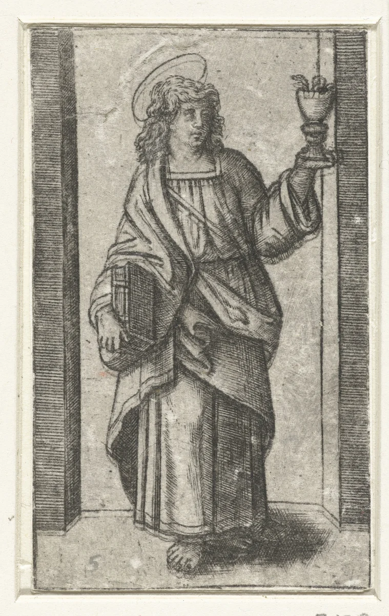 Apostel Johannes de Evangelist met miskelk by Marcantonio Raimondi, print, 1517-1527