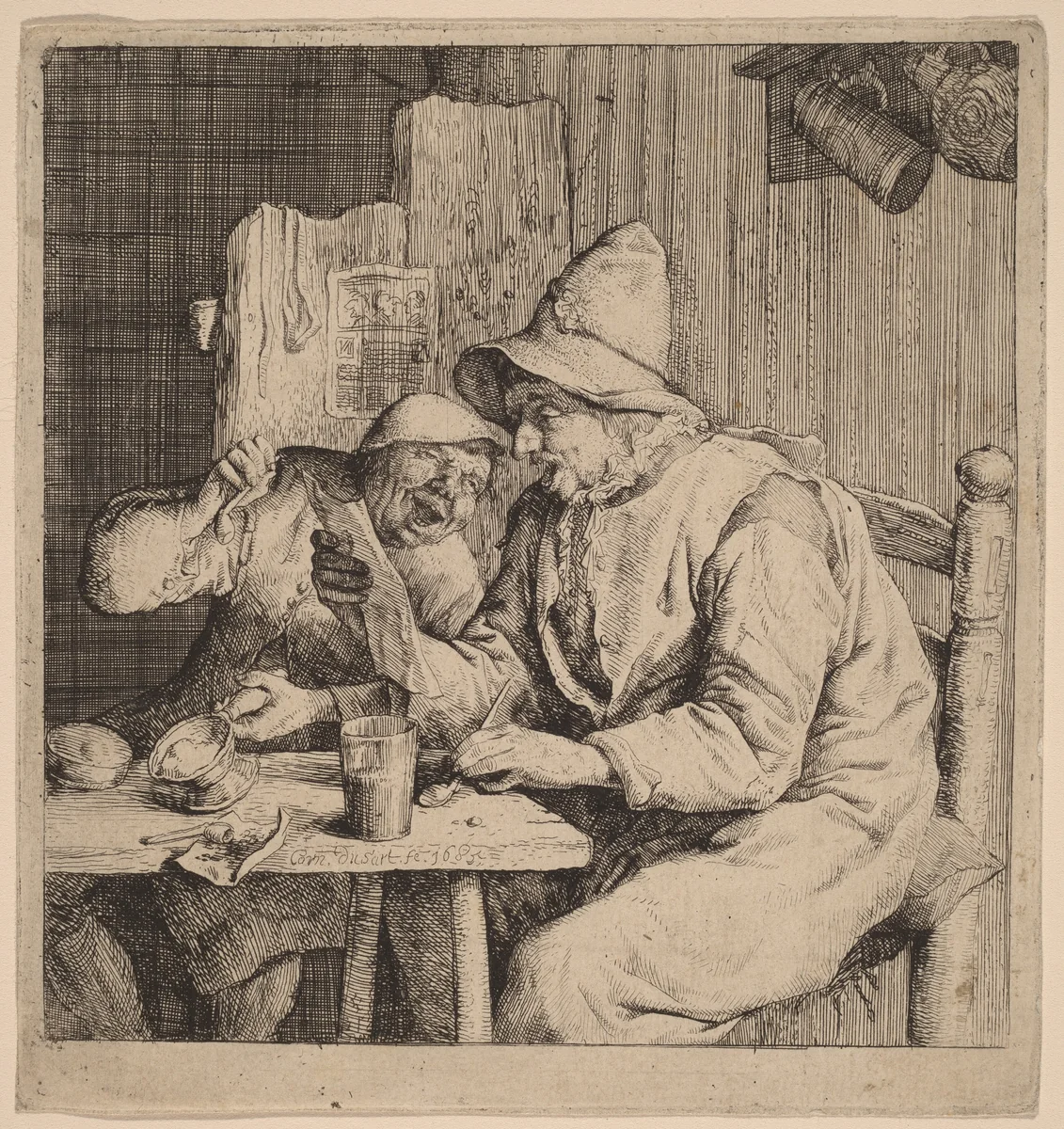 Two Peasants Singing by Cornelis Dusart, print, 1685