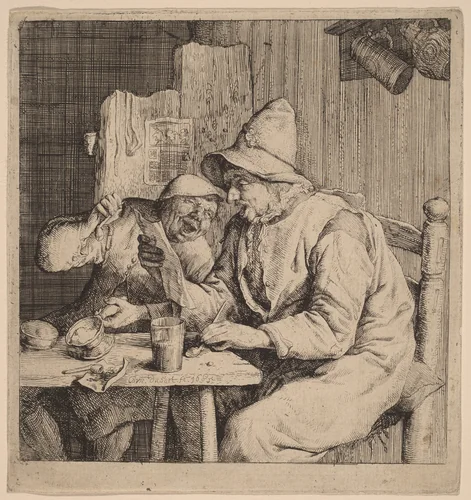 Two Peasants Singing by Cornelis Dusart, print, 1685
