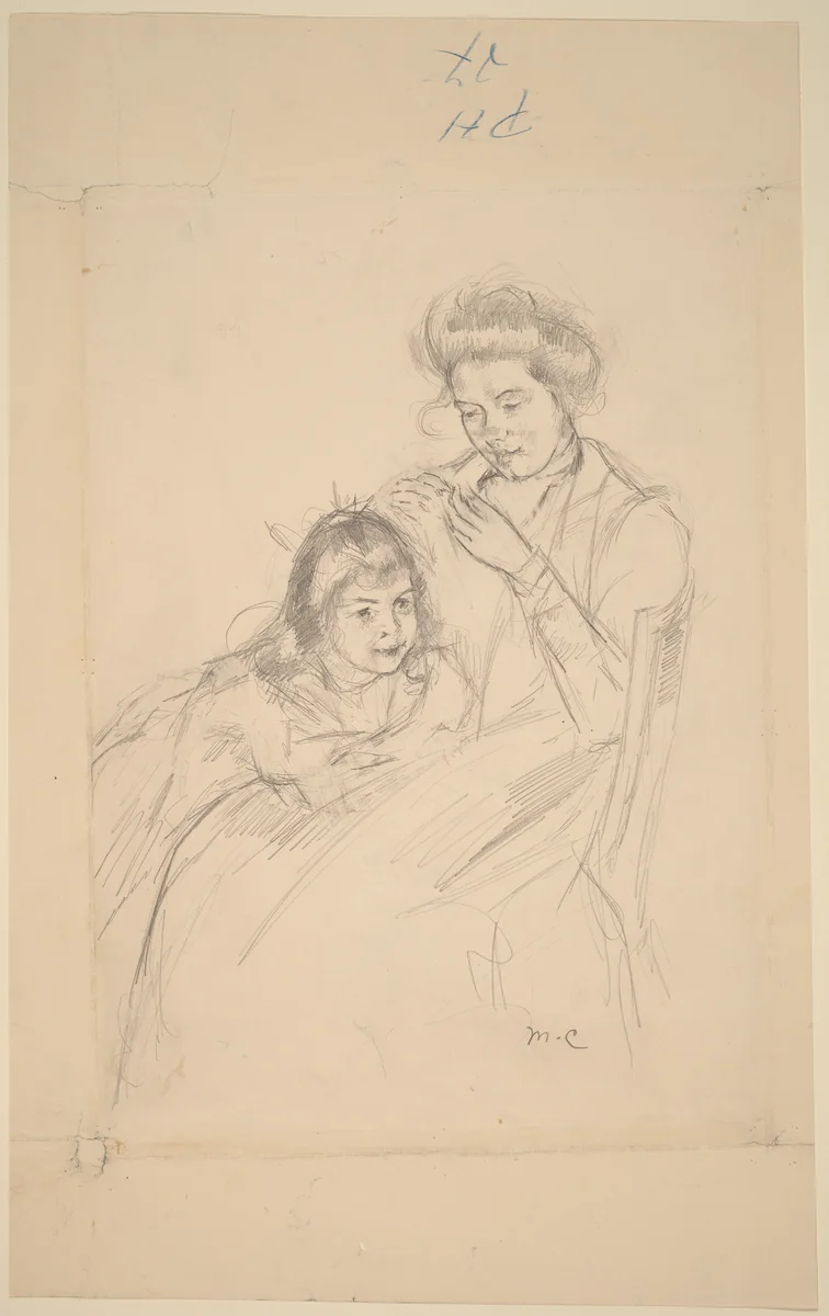 Margot Leaning against Reine's Knee by Mary Cassatt, drawing, 1902