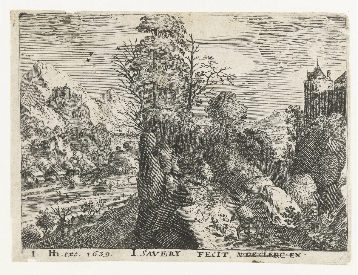 Landschap met reizigers op steile rots by Unknown, print, 1584-1603