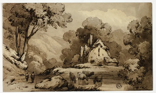 Wooded Landscape with Cottage Beside Pond with Standing Cows by John Varley, drawing, 1815-1836