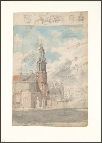 Gezicht op het Muntplein gezien vanaf de Vijzelstraat by Johan Martinus Anthon Rieke, drawing, 1861-1899