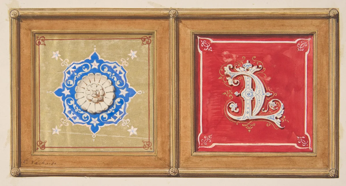 Two alternative designs for the painted decoration of a panel (one with the intertwined initials CL) by Jules-Edmond-Charles Lachaise, drawing, 1820-1897