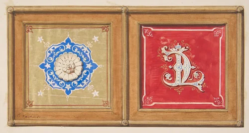 Two alternative designs for the painted decoration of a panel (one with the intertwined initials CL) by Jules-Edmond-Charles Lachaise, drawing, 1820-1897