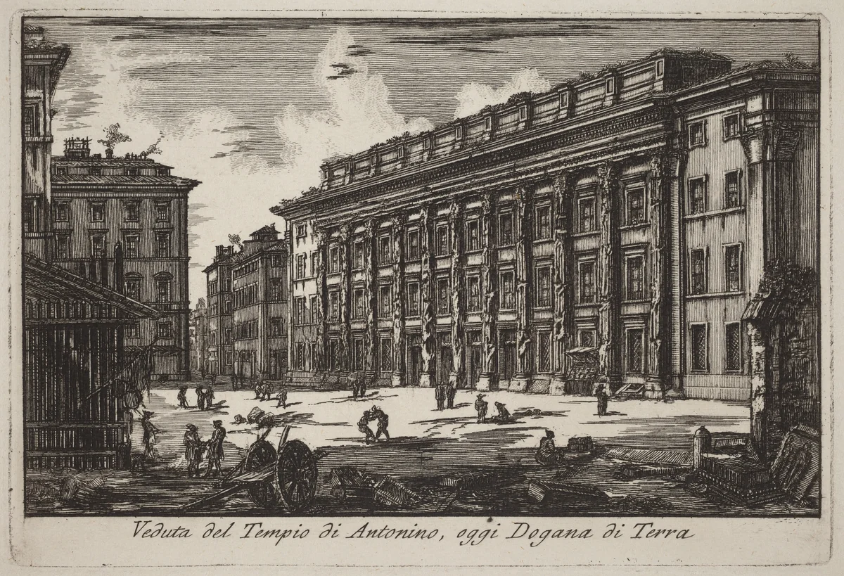 Veduta del Tempio di Antonino, oggi Dogana di Terra (View of the Temple of Antoninus, now the Land Customs Office) by Laura Piranesi; Giovanni Battista Piranesi, print, 1775-1790