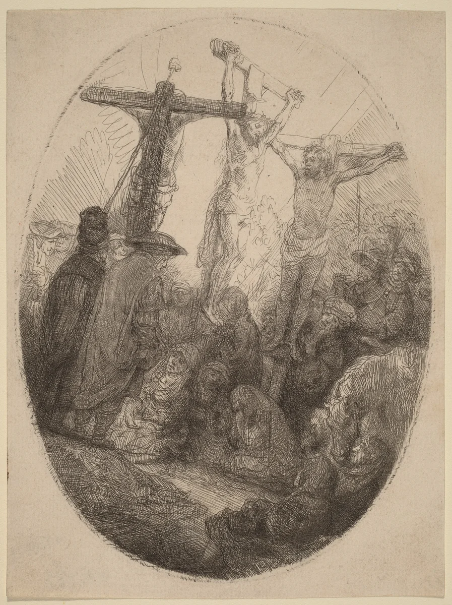 Christ Crucified between the Two Thieves: an Oval Plate by Rembrandt van Rijn, print, 1641