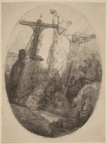 Christ Crucified between the Two Thieves: an Oval Plate by Rembrandt van Rijn, print, 1641