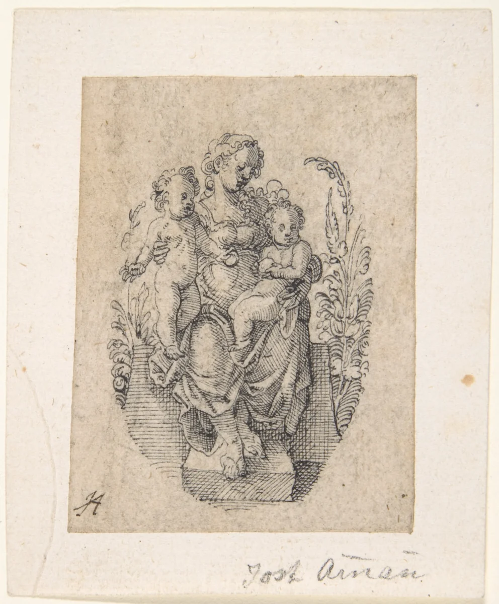 A Seated Personification of Charity with two Children by Jost Amman, drawing, 1539-1591