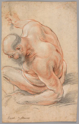 Nude Old Man Seated, Leaning on His Forearm, Facing Left by Jacob Jordaens, drawing, 1635-1645