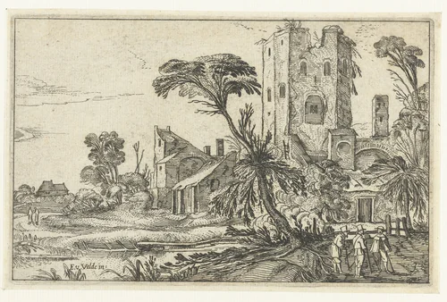 Drie mannen op een pad langs een vervallen toren by anonymous, print, 1614