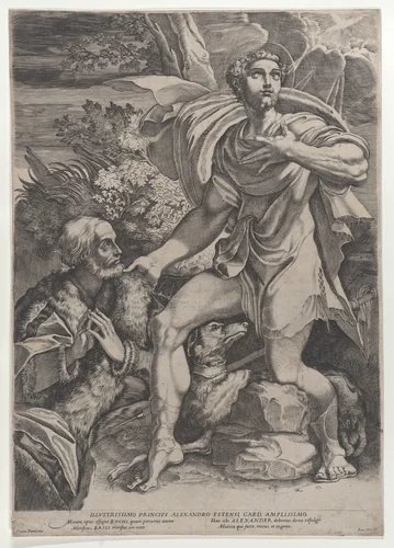 Saint Roch with a donor and a dog at left by Francesco Brizio, print, 1602-1603