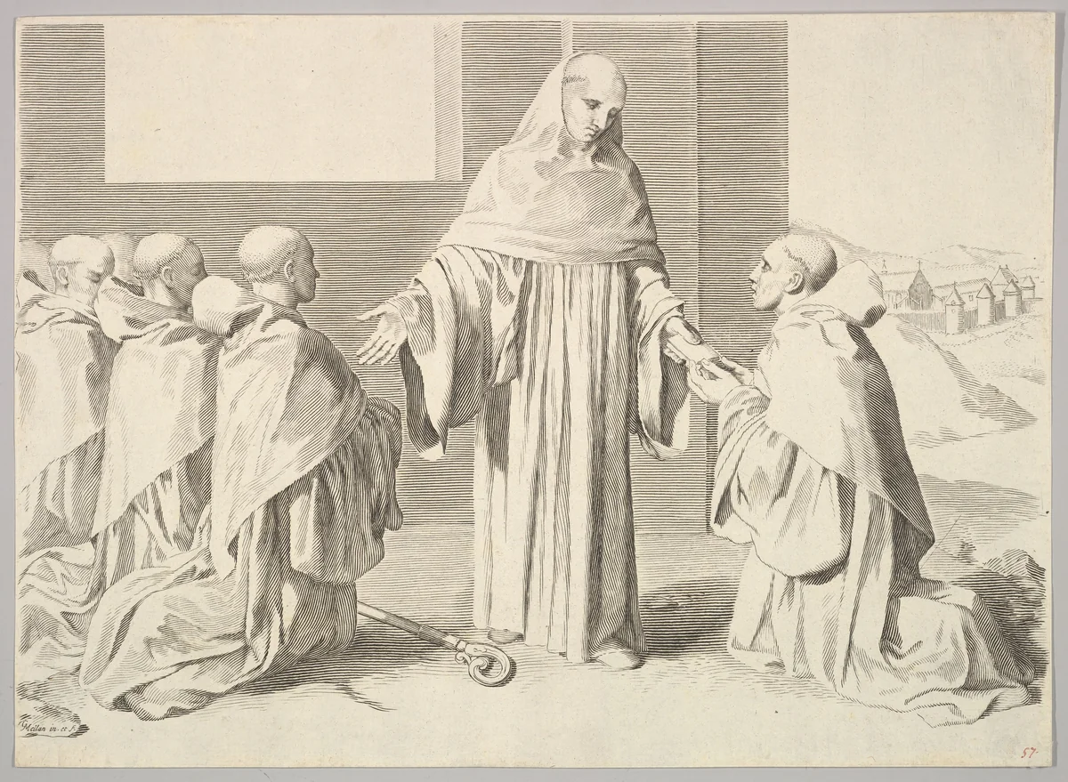 St. Bernard Presenting the Rule by Claude Mellan, print, 1600-1688