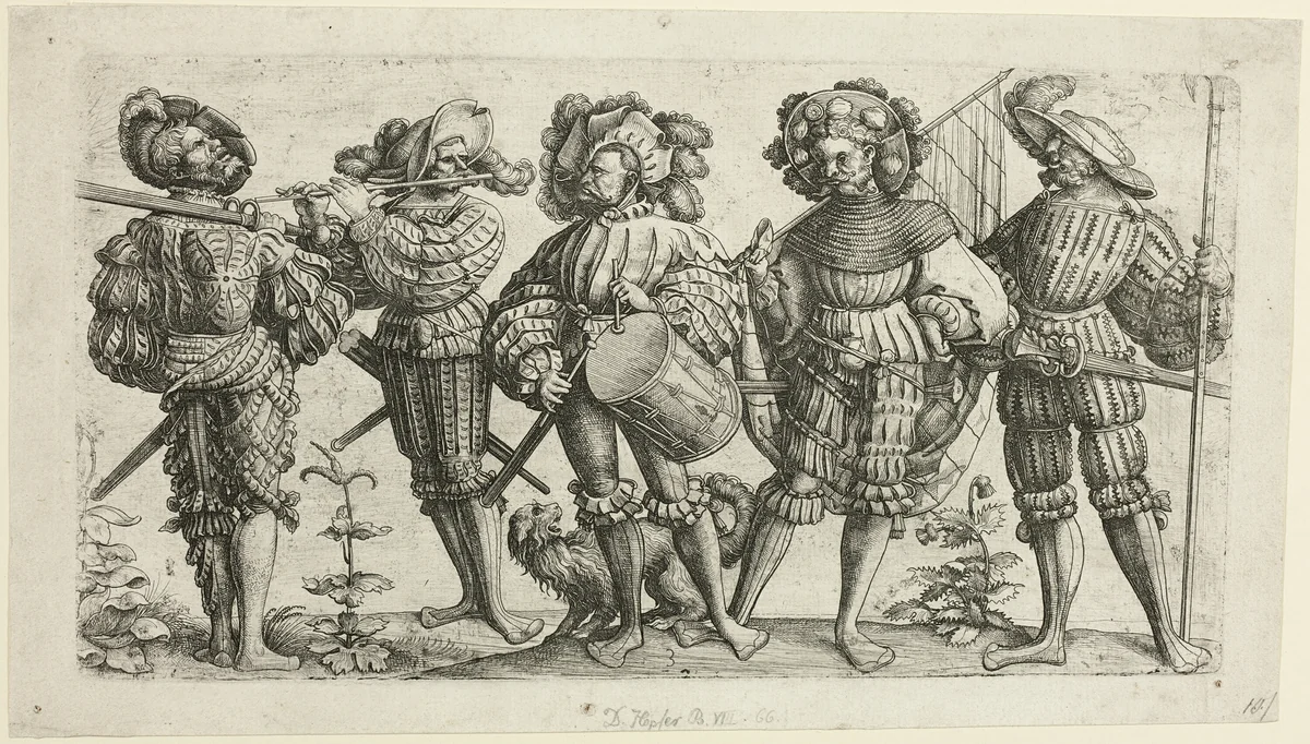 Five German Soldiers by Daniel Hopfer, print, 1490-1536