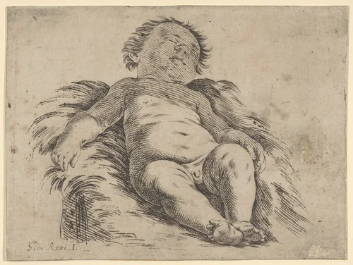 Sleeping child, partly in shadow by anonymous, print, 1600-1699