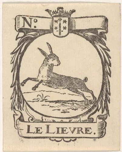 Handelsetiket met een haas en het wapen van de stad Haarlem by Isaac Vincentsz. van der Vinne, print, 1681-1740