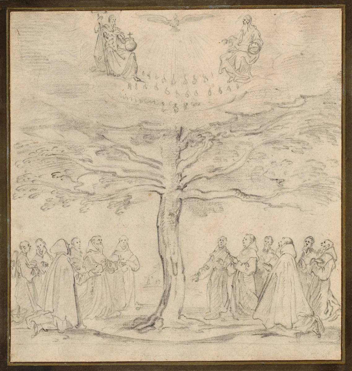 The Holy Trinity in the Tree of Life Adored by Franciscans by Jacques Callot, drawing, 1620-1630