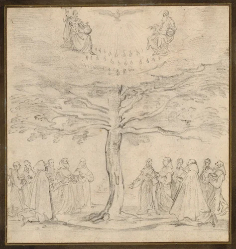 The Holy Trinity in the Tree of Life Adored by Franciscans by Jacques Callot, drawing, 1620-1630