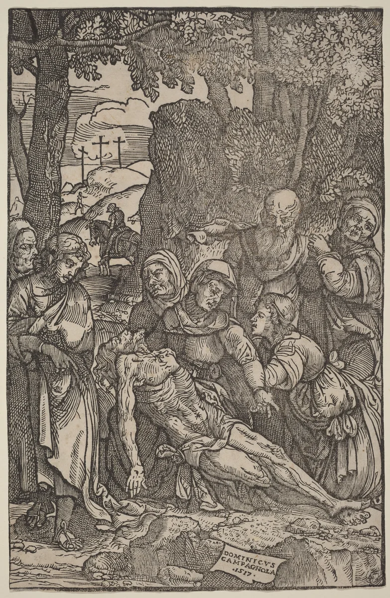 Lamentation of Christ by Domenico Campagnola, print, 1517