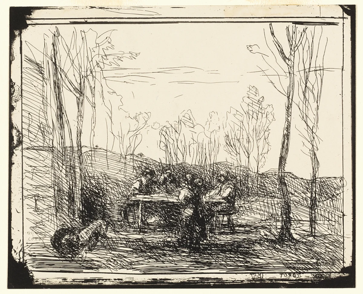 A Picnic in the Clearing by Jean-Baptiste-Camille Corot, print, 1857