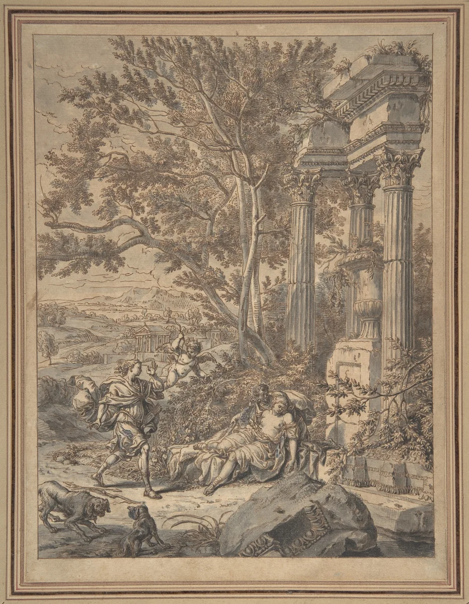Silvio Approaches Dorinda whom He Has Wounded with an Arrow (Il Pastor Fido, act IV, scene 8) by Richard van Orley, drawing, 1700