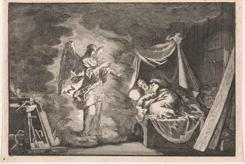 Engel verschijnt aan Jozef in zijn timmerwerkplaats by Jan Luyken, print, 1703
