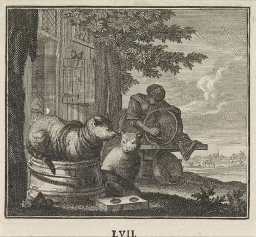 Embleem: kat by Caspar Luyken, print, 1695-1705