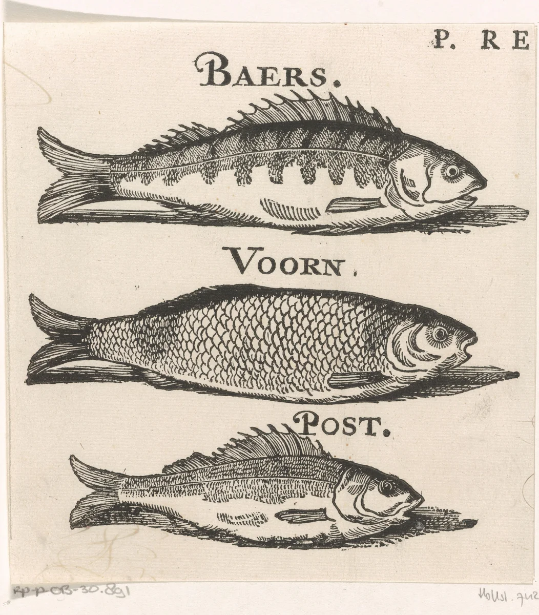 Baars, een voorn en een pos by Isaac Vincentsz. van der Vinne, print, 1681-1740