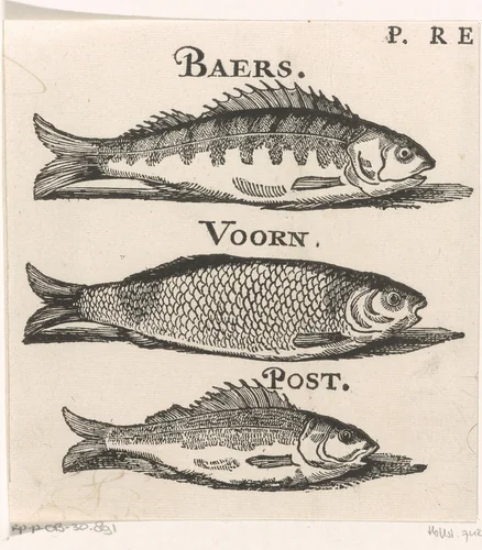 Baars, een voorn en een pos by Isaac Vincentsz. van der Vinne, print, 1681-1740