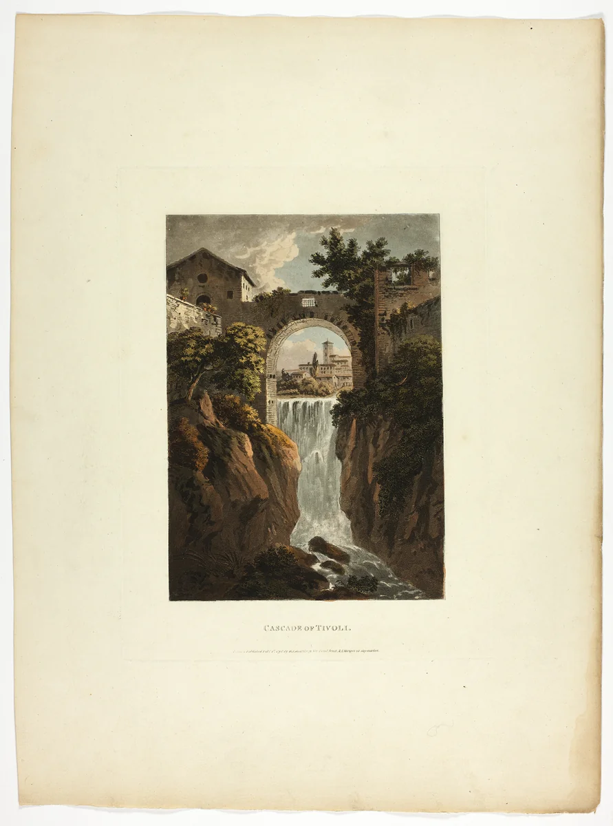 Cascade of Tivoli, plate thirty-nine from the Ruins of Rome by M. Dubourg, print, 1798