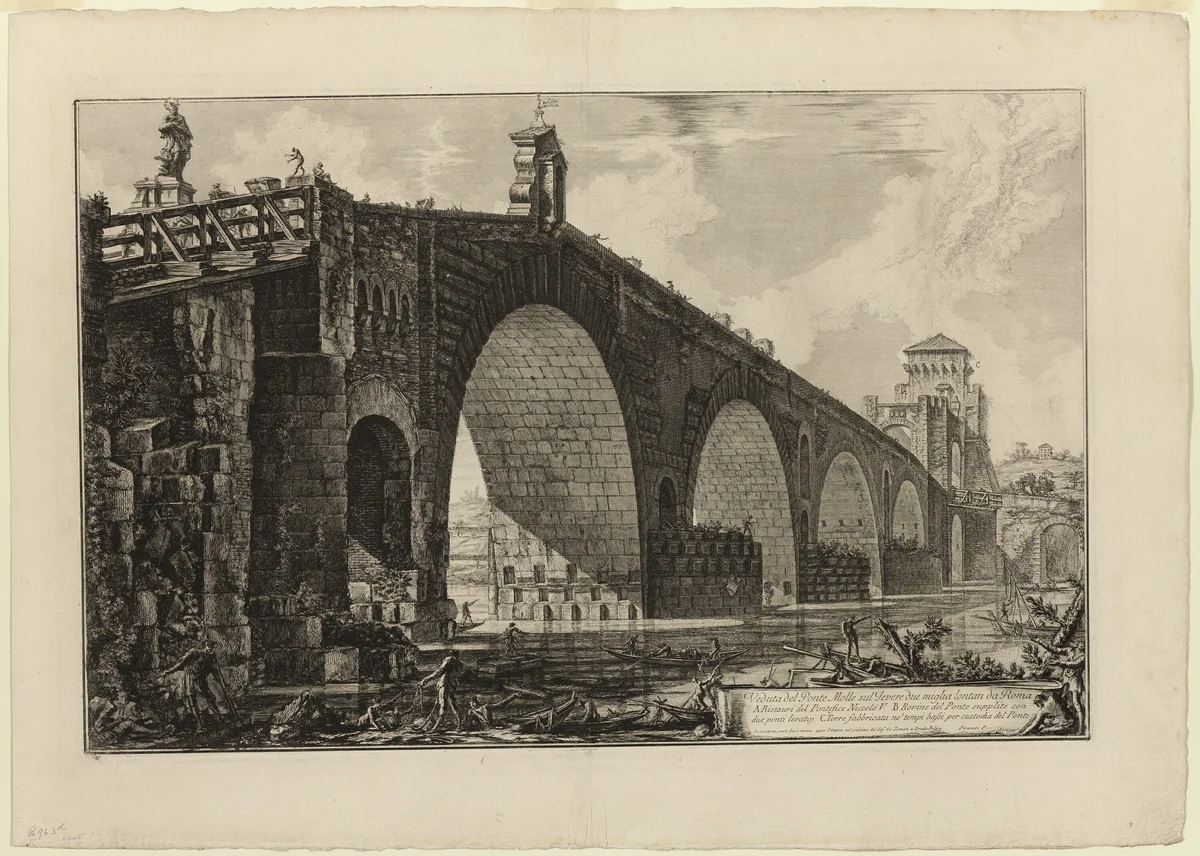 View of the Ponte Molle [or Milvian Bridge] over the Tiber two miles outside Rome, from Views of Rome by Giovanni Battista Piranesi, print, 1762