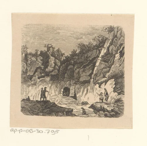 Figuren en een hond bij een open deur in een bergwand by Isaac Weissenbruch, print, 1836-1912