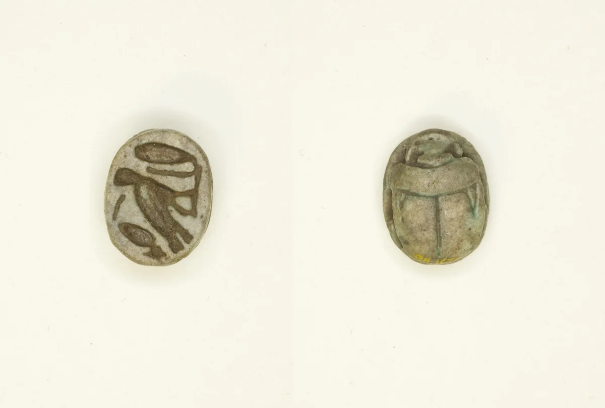 Scarab: Cobra, m-owl, and sign (“sDm” ?) by Egyptian, other, -1550--343