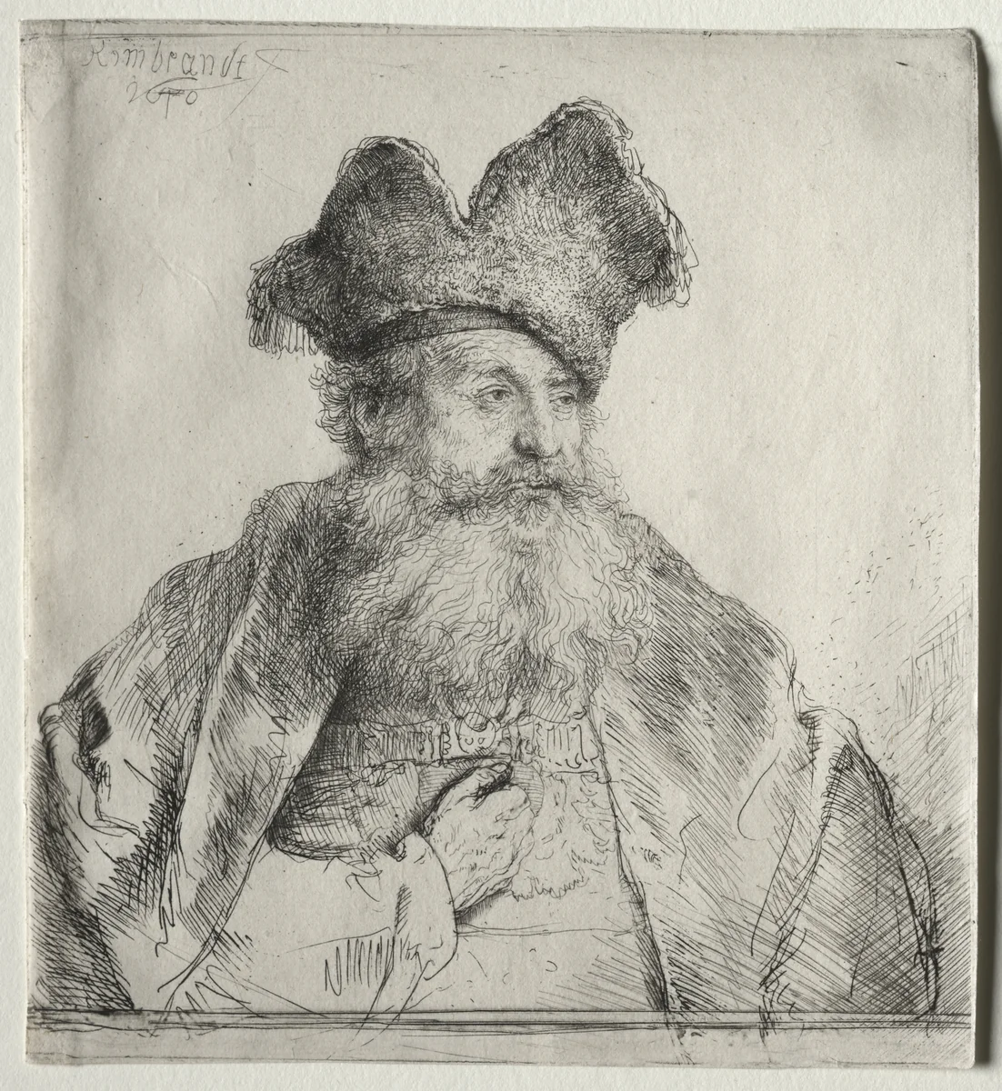 Old Man with a Divided Fur Cap by Rembrandt van Rijn, print, 1640