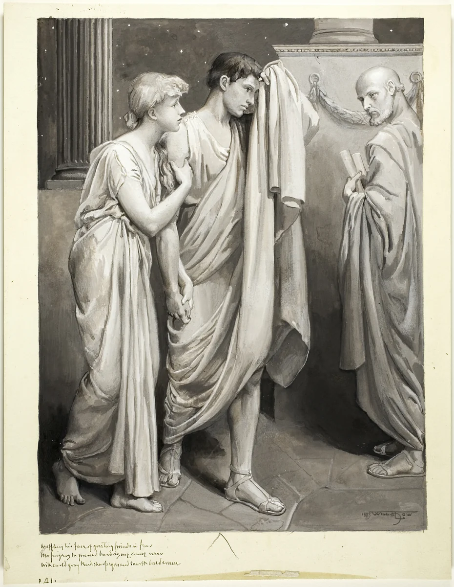 As One Came Near with Curl'd Gray Beard, Sharp Eyes, and Smooth Bald Crown by Will Hicock Low, drawing, 1885