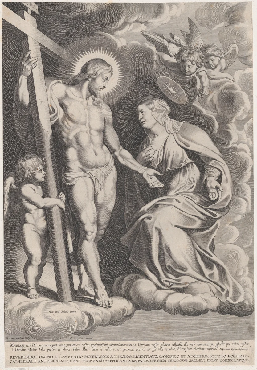 The Intercession of the Virgin, kneeling on a cloud at right before Christ, standing at left holding the cross by Egbert van Panderen, print, 1605-1637