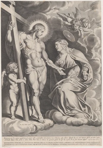 The Intercession of the Virgin, kneeling on a cloud at right before Christ, standing at left holding the cross by Egbert van Panderen, print, 1605-1637