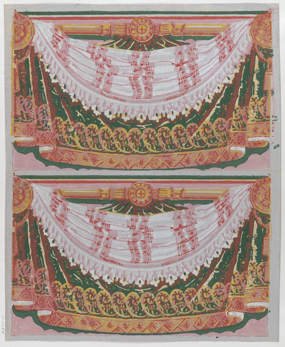 Sheet with two borders with a curved drapery against a curtain by anonymous, print, 1775-1875