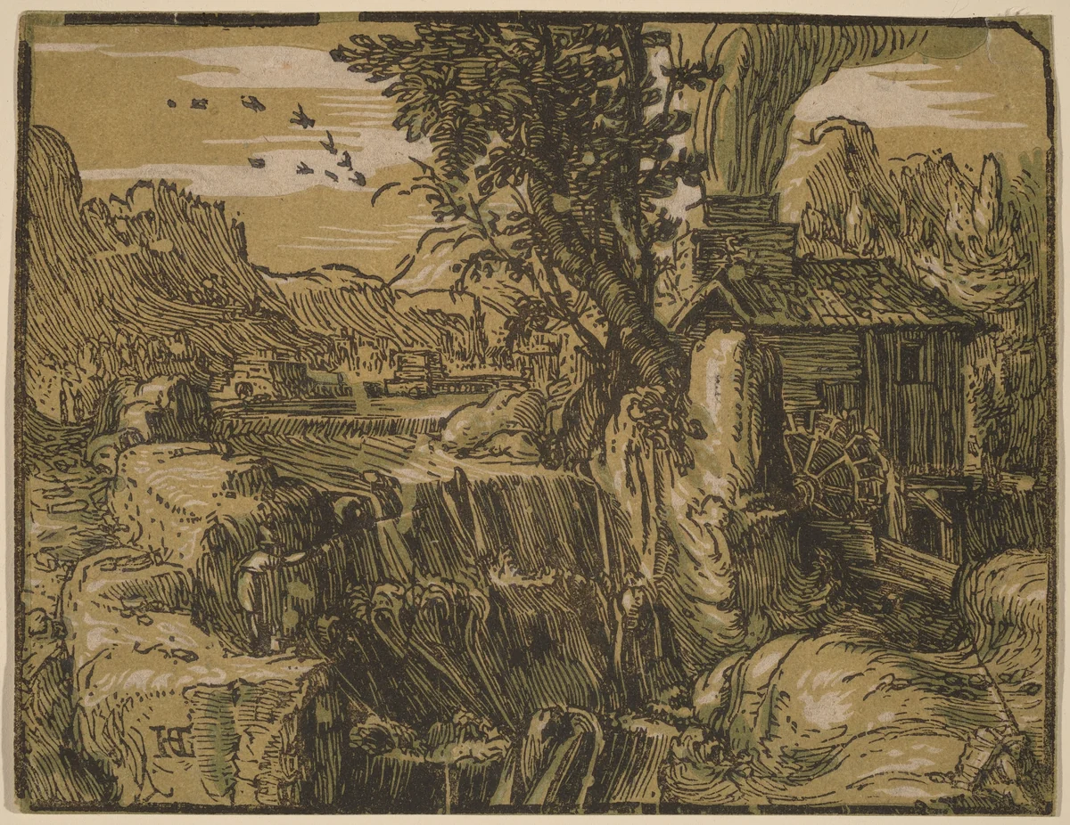 Landscape with a Waterfall by Hendrick Goltzius, print, 1592-1595