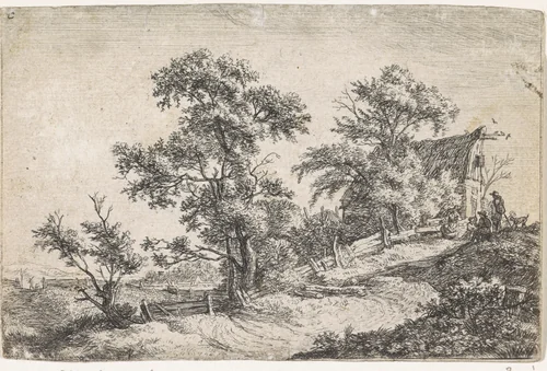 Huis aan een pad op een heuvel by Anthonie Waterloo, print, 1630-1663