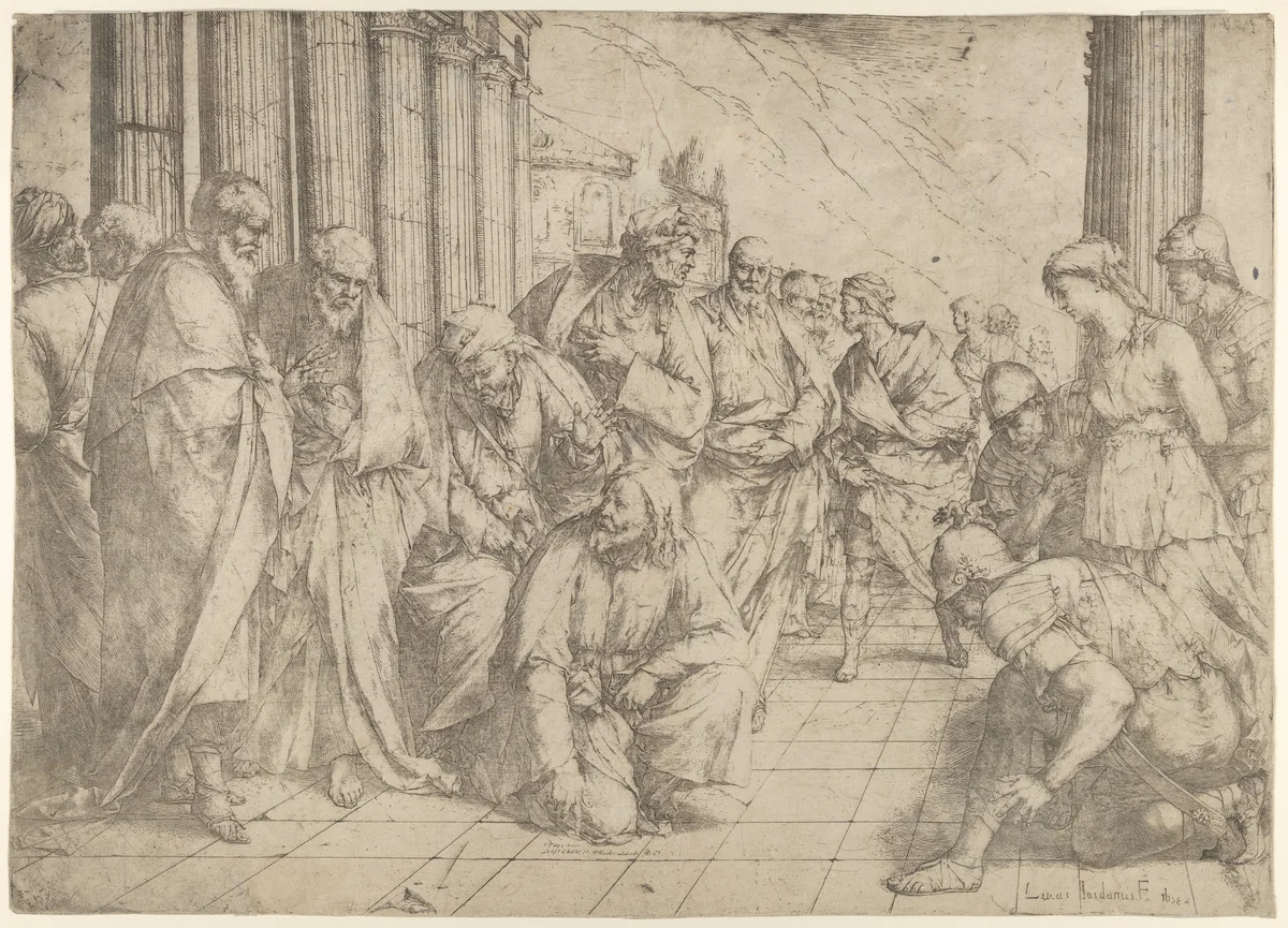 Christ kneels and writes on the pavement at center and a woman taken in adultery by three soldiers at right by Luca Giordano, print, 1653