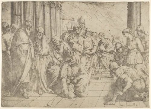 Christ kneels and writes on the pavement at center and a woman taken in adultery by three soldiers at right by Luca Giordano, print, 1653