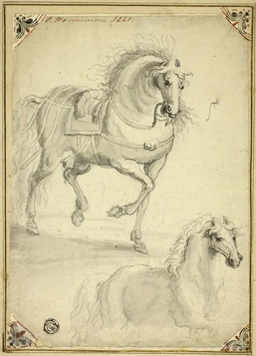 Two Sketches of Trotting Horse by Philips Wouwerman, drawing, 1639-1668