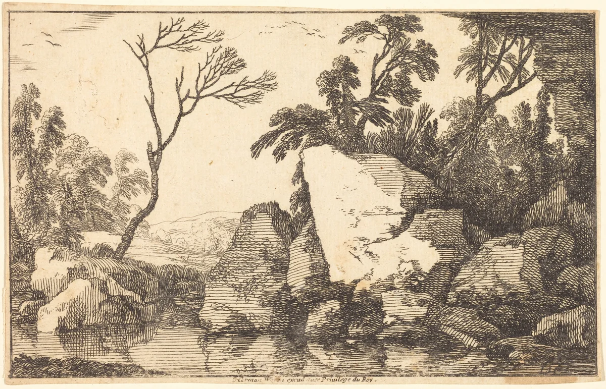 A Rocky Pond by Laurent de La Hyre, print, 1640