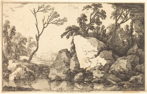 A Rocky Pond by Laurent de La Hyre, print, 1640