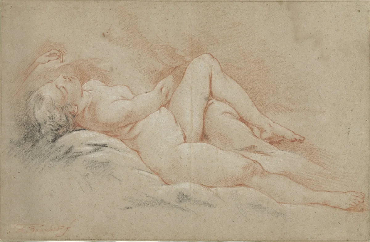 Achterover liggend vrouwelijk naakt by François Boucher, drawing, 1713-1754