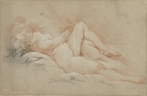 Achterover liggend vrouwelijk naakt by François Boucher, drawing, 1713-1754